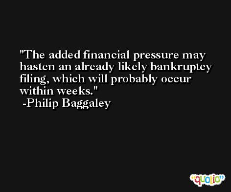 The added financial pressure may hasten an already likely bankruptcy filing, which will probably occur within weeks. -Philip Baggaley