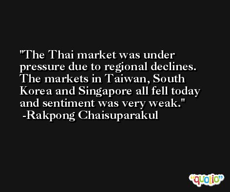 The Thai market was under pressure due to regional declines. The markets in Taiwan, South Korea and Singapore all fell today and sentiment was very weak. -Rakpong Chaisuparakul