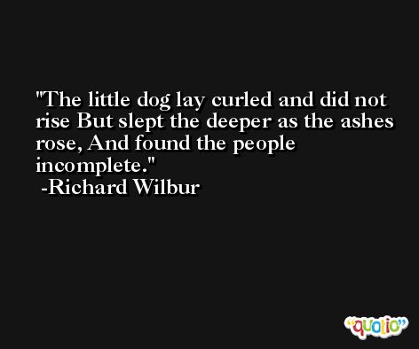 The little dog lay curled and did not rise But slept the deeper as the ashes rose, And found the people incomplete. -Richard Wilbur