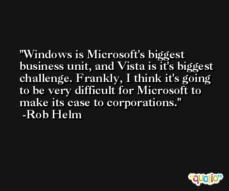Windows is Microsoft's biggest business unit, and Vista is it's biggest challenge. Frankly, I think it's going to be very difficult for Microsoft to make its case to corporations. -Rob Helm