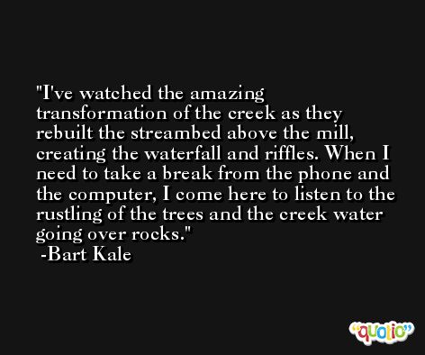 I've watched the amazing transformation of the creek as they rebuilt the streambed above the mill, creating the waterfall and riffles. When I need to take a break from the phone and the computer, I come here to listen to the rustling of the trees and the creek water going over rocks. -Bart Kale