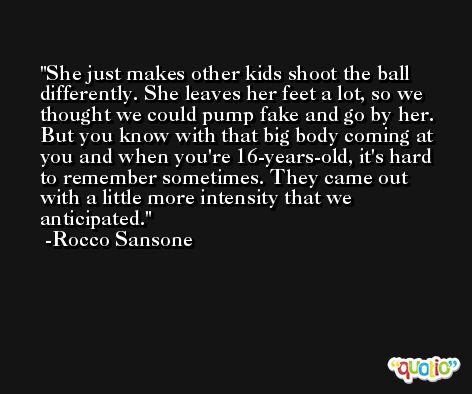 She just makes other kids shoot the ball differently. She leaves her feet a lot, so we thought we could pump fake and go by her. But you know with that big body coming at you and when you're 16-years-old, it's hard to remember sometimes. They came out with a little more intensity that we anticipated. -Rocco Sansone