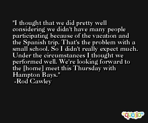 I thought that we did pretty well considering we didn't have many people participating because of the vacation and the Spanish trip. That's the problem with a small school. So I didn't really expect much. Under the circumstances I thought we performed well. We're looking forward to the [home] meet this Thursday with Hampton Bays. -Rod Cawley