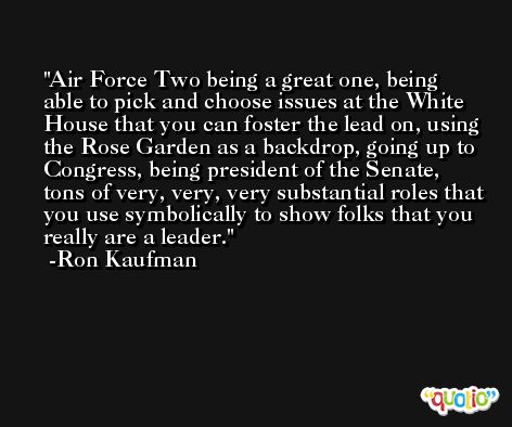 Air Force Two being a great one, being able to pick and choose issues at the White House that you can foster the lead on, using the Rose Garden as a backdrop, going up to Congress, being president of the Senate, tons of very, very, very substantial roles that you use symbolically to show folks that you really are a leader. -Ron Kaufman