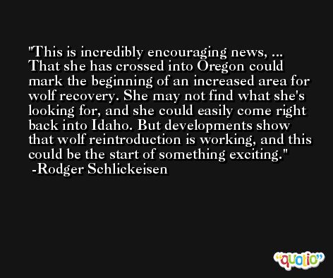 This is incredibly encouraging news, ... That she has crossed into Oregon could mark the beginning of an increased area for wolf recovery. She may not find what she's looking for, and she could easily come right back into Idaho. But developments show that wolf reintroduction is working, and this could be the start of something exciting. -Rodger Schlickeisen