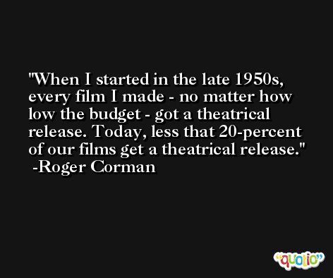 When I started in the late 1950s, every film I made - no matter how low the budget - got a theatrical release. Today, less that 20-percent of our films get a theatrical release. -Roger Corman