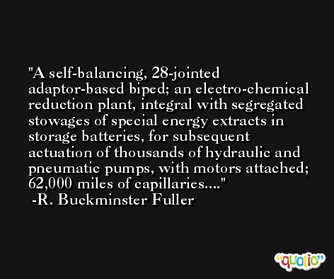 A self-balancing, 28-jointed adaptor-based biped; an electro-chemical reduction plant, integral with segregated stowages of special energy extracts in storage batteries, for subsequent actuation of thousands of hydraulic and pneumatic pumps, with motors attached; 62,000 miles of capillaries.... -R. Buckminster Fuller