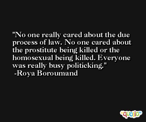 No one really cared about the due process of law. No one cared about the prostitute being killed or the homosexual being killed. Everyone was really busy politicking. -Roya Boroumand