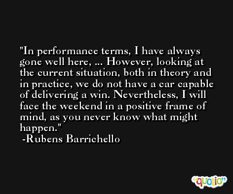 In performance terms, I have always gone well here, ... However, looking at the current situation, both in theory and in practice, we do not have a car capable of delivering a win. Nevertheless, I will face the weekend in a positive frame of mind, as you never know what might happen. -Rubens Barrichello