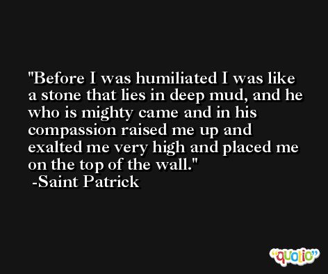 Before I was humiliated I was like a stone that lies in deep mud, and he who is mighty came and in his compassion raised me up and exalted me very high and placed me on the top of the wall. -Saint Patrick