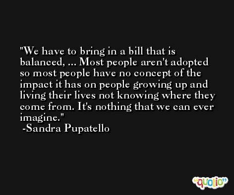 We have to bring in a bill that is balanced, ... Most people aren't adopted so most people have no concept of the impact it has on people growing up and living their lives not knowing where they come from. It's nothing that we can ever imagine. -Sandra Pupatello
