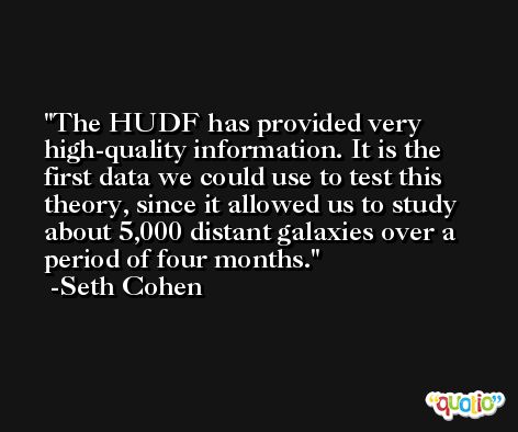 The HUDF has provided very high-quality information. It is the first data we could use to test this theory, since it allowed us to study about 5,000 distant galaxies over a period of four months. -Seth Cohen