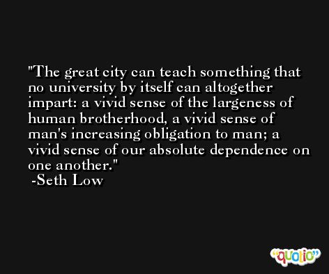 The great city can teach something that no university by itself can altogether impart: a vivid sense of the largeness of human brotherhood, a vivid sense of man's increasing obligation to man; a vivid sense of our absolute dependence on one another. -Seth Low