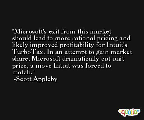 Microsoft's exit from this market should lead to more rational pricing and likely improved profitability for Intuit's TurboTax. In an attempt to gain market share, Microsoft dramatically cut unit price, a move Intuit was forced to match. -Scott Appleby