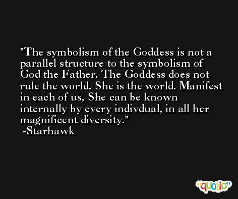 The symbolism of the Goddess is not a parallel structure to the symbolism of God the Father. The Goddess does not rule the world. She is the world. Manifest in each of us, She can be known internally by every indivdual, in all her magnificent diversity. -Starhawk