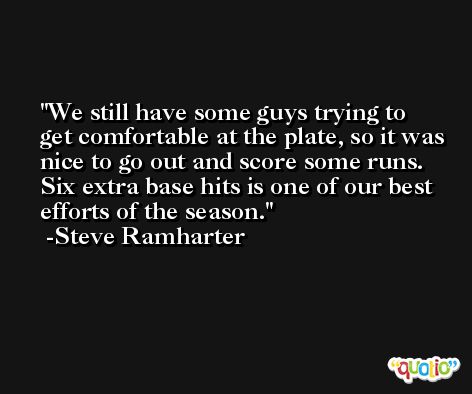 We still have some guys trying to get comfortable at the plate, so it was nice to go out and score some runs. Six extra base hits is one of our best efforts of the season. -Steve Ramharter
