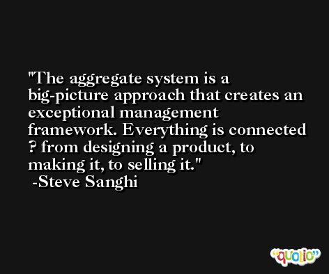 The aggregate system is a big-picture approach that creates an exceptional management framework. Everything is connected ? from designing a product, to making it, to selling it. -Steve Sanghi