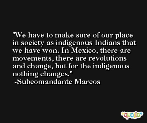 We have to make sure of our place in society as indigenous Indians that we have won. In Mexico, there are movements, there are revolutions and change, but for the indigenous nothing changes. -Subcomandante Marcos