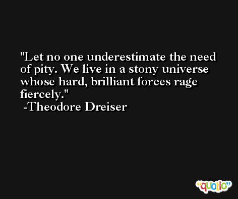 Let no one underestimate the need of pity. We live in a stony universe whose hard, brilliant forces rage fiercely. -Theodore Dreiser