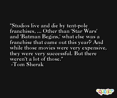 Studios live and die by tent-pole franchises, ... Other than 'Star Wars' and 'Batman Begins,' what else was a franchise that came out this year? And while those movies were very expensive, they were very successful. But there weren't a lot of those. -Tom Sherak