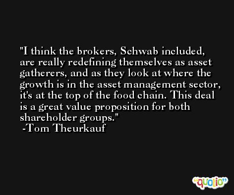 I think the brokers, Schwab included, are really redefining themselves as asset gatherers, and as they look at where the growth is in the asset management sector, it's at the top of the food chain. This deal is a great value proposition for both shareholder groups. -Tom Theurkauf