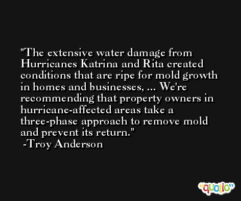 The extensive water damage from Hurricanes Katrina and Rita created conditions that are ripe for mold growth in homes and businesses, ... We're recommending that property owners in hurricane-affected areas take a three-phase approach to remove mold and prevent its return. -Troy Anderson