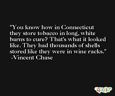 You know how in Connecticut they store tobacco in long, white barns to cure? That's what it looked like. They had thousands of shells stored like they were in wine racks. -Vincent Chase