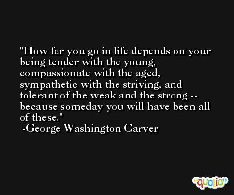 How far you go in life depends on your being tender with the young, compassionate with the aged, sympathetic with the striving, and tolerant of the weak and the strong -- because someday you will have been all of these. -George Washington Carver