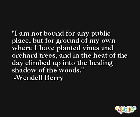 I am not bound for any public place, but for ground of my own where I have planted vines and orchard trees, and in the heat of the day climbed up into the healing shadow of the woods. -Wendell Berry