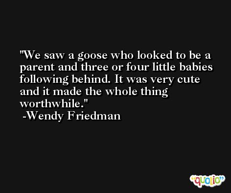 We saw a goose who looked to be a parent and three or four little babies following behind. It was very cute and it made the whole thing worthwhile. -Wendy Friedman
