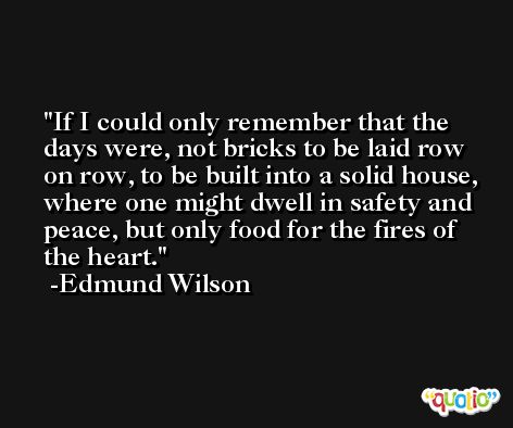 If I could only remember that the days were, not bricks to be laid row on row, to be built into a solid house, where one might dwell in safety and peace, but only food for the fires of the heart. -Edmund Wilson