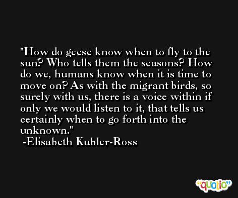 How do geese know when to fly to the sun? Who tells them the seasons? How do we, humans know when it is time to move on? As with the migrant birds, so surely with us, there is a voice within if only we would listen to it, that tells us certainly when to go forth into the unknown. -Elisabeth Kubler-Ross