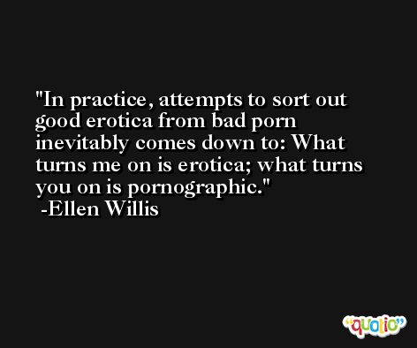 In practice, attempts to sort out good erotica from bad porn inevitably comes down to: What turns me on is erotica; what turns you on is pornographic. -Ellen Willis
