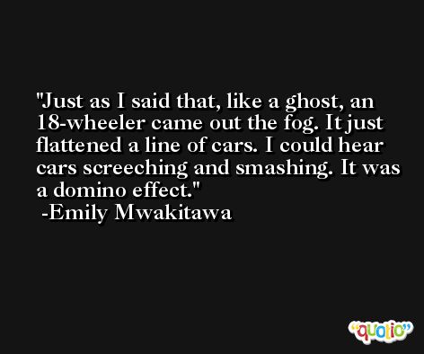 Just as I said that, like a ghost, an 18-wheeler came out the fog. It just flattened a line of cars. I could hear cars screeching and smashing. It was a domino effect. -Emily Mwakitawa