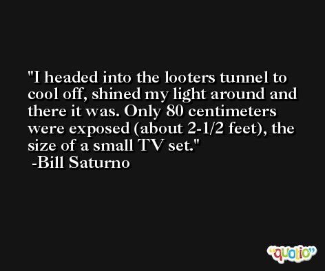 I headed into the looters tunnel to cool off, shined my light around and there it was. Only 80 centimeters were exposed (about 2-1/2 feet), the size of a small TV set. -Bill Saturno