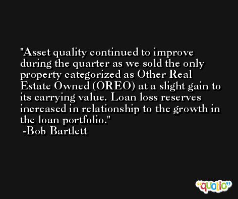 Asset quality continued to improve during the quarter as we sold the only property categorized as Other Real Estate Owned (OREO) at a slight gain to its carrying value. Loan loss reserves increased in relationship to the growth in the loan portfolio. -Bob Bartlett