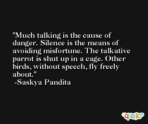 Much talking is the cause of danger. Silence is the means of avoiding misfortune. The talkative parrot is shut up in a cage. Other birds, without speech, fly freely about. -Saskya Pandita