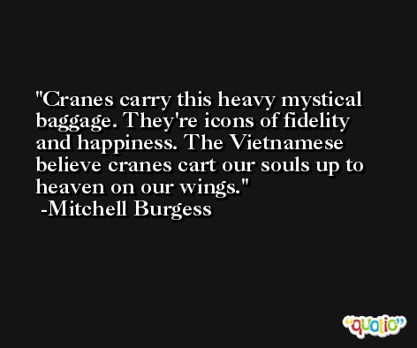 Cranes carry this heavy mystical baggage. They're icons of fidelity and happiness. The Vietnamese believe cranes cart our souls up to heaven on our wings. -Mitchell Burgess