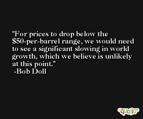 For prices to drop below the $50-per-barrel range, we would need to see a significant slowing in world growth, which we believe is unlikely at this point. -Bob Doll