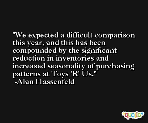 We expected a difficult comparison this year, and this has been compounded by the significant reduction in inventories and increased seasonality of purchasing patterns at Toys 'R' Us. -Alan Hassenfeld