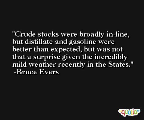 Crude stocks were broadly in-line, but distillate and gasoline were better than expected, but was not that a surprise given the incredibly mild weather recently in the States. -Bruce Evers