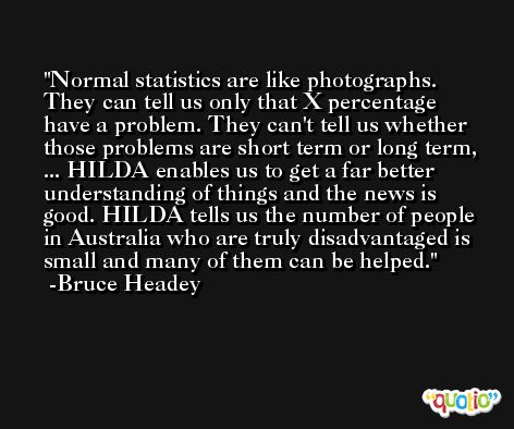 Normal statistics are like photographs. They can tell us only that X percentage have a problem. They can't tell us whether those problems are short term or long term, ... HILDA enables us to get a far better understanding of things and the news is good. HILDA tells us the number of people in Australia who are truly disadvantaged is small and many of them can be helped. -Bruce Headey